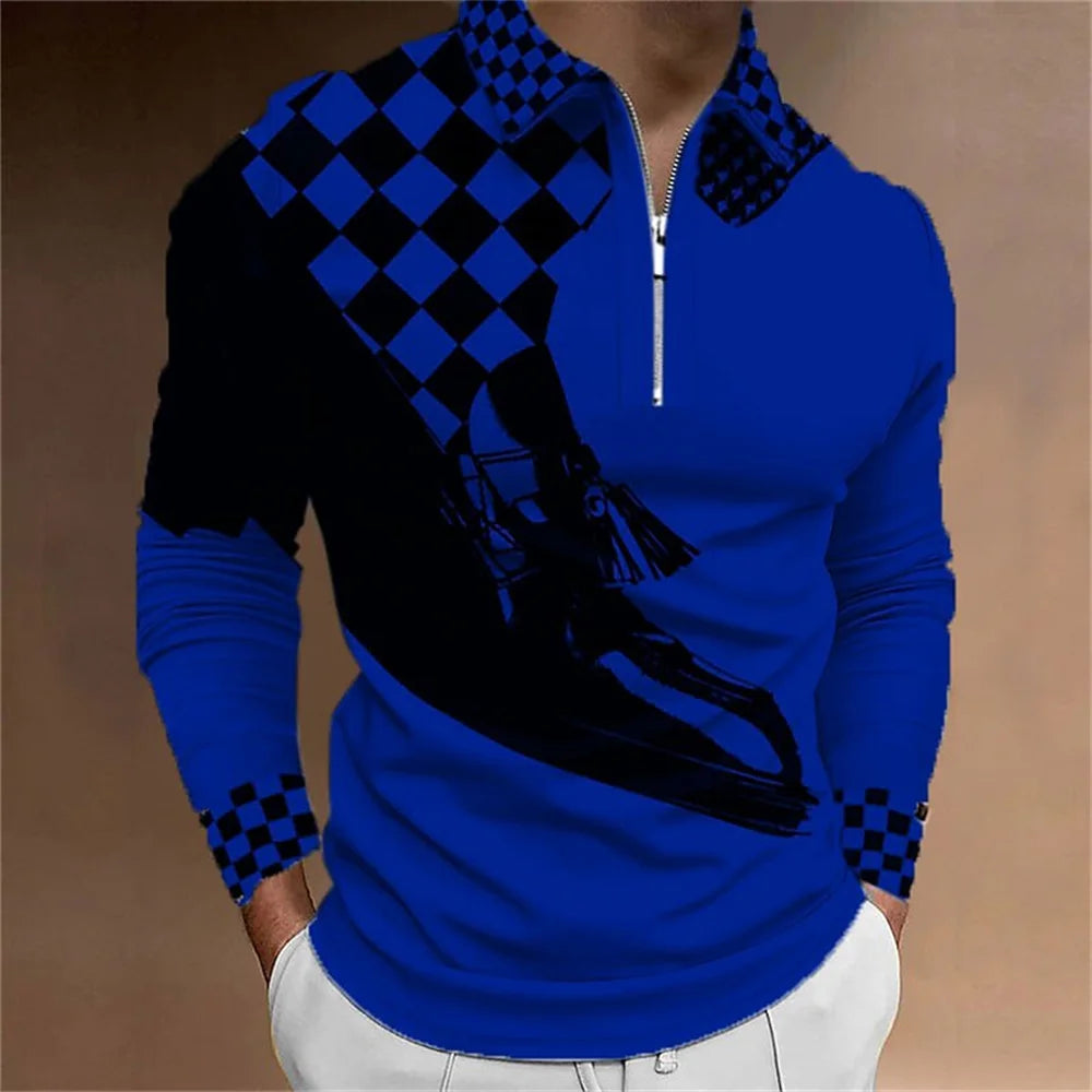 2024 New Fashion Men Long Sleeve Zipper Polo Shhirt , Abstract Appare  Men Casual Large Size Lapel Print Polo Shirt .