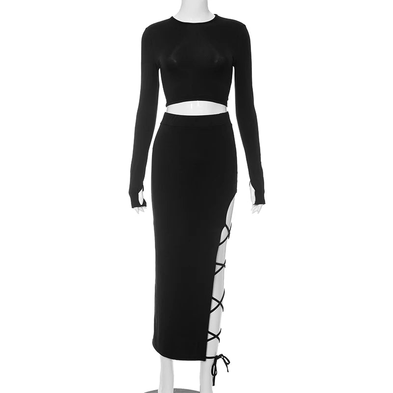 Pullover Long Sleeve Simple Crop Top Elastic Waist Halter High Split Legless Sexy Tie Solid Colour Half Skirt Set