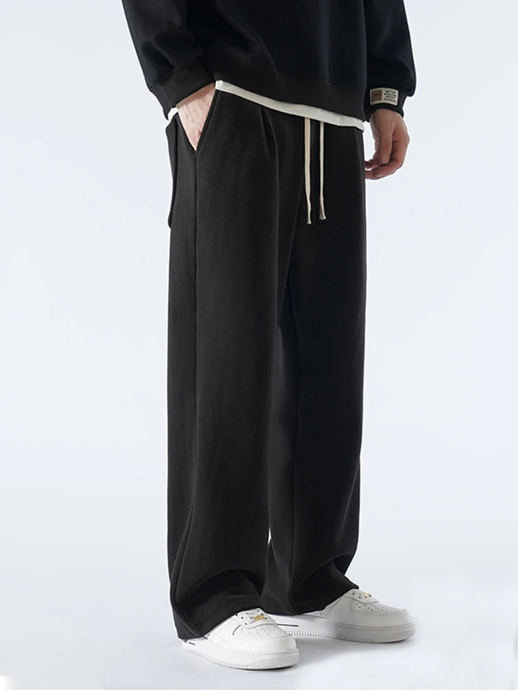 Winter Men's Sweatpants Korean Fashion Thick Warm Fleece Wide Leg Straight Loose Track Pants Male Casual Thermal Velvet Trousers