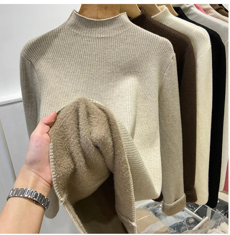 Turtleneck Winter Sweater Women Elegant Thicken Velvet Lined Warm Sueter Knitted Pullover Slim Tops Jersey Knitwear Jumper New