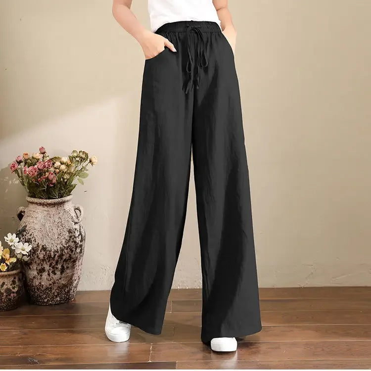 Wide Leg Pure Color Linen Pants For Women High Waist Drawstring Loose Fit Cotton Linen Trousers Plus Size White Long Pants