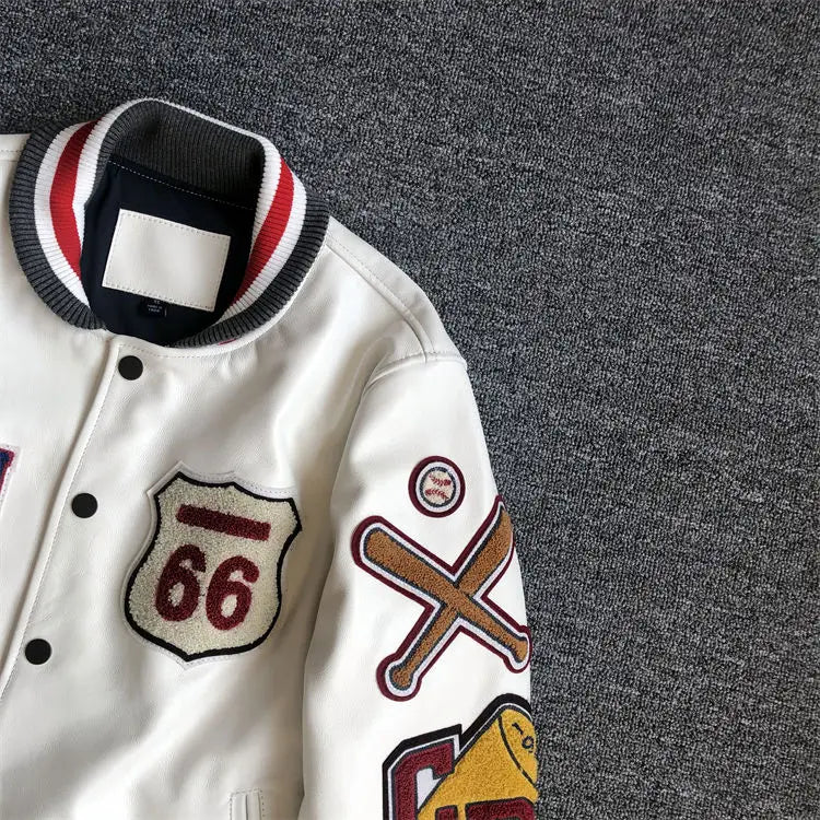 Men's spring and autumn baseball uniform Y2K retro trend leather jacket heavy industry embroidery white short coat ins hot sale