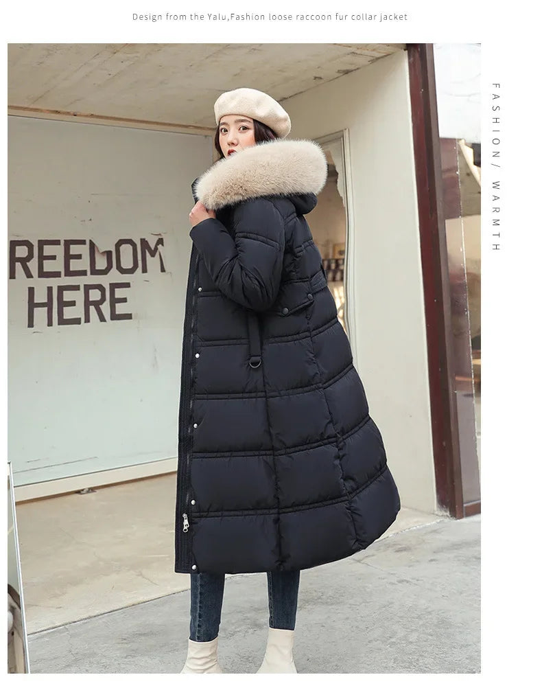 2024 Winter New Down Cotton Parkas Jacket Women's X-Long Faux Fur Collar Padded Jacket Thick Loose Large Size Padded Jacket