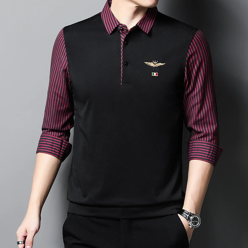 New Men's Casual and Fashionable Long Sleeved POLO Shirt with Contrasting Print Anti Wrinkle Top