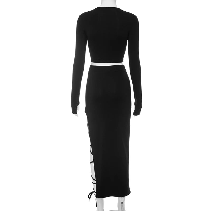 Pullover Long Sleeve Simple Crop Top Elastic Waist Halter High Split Legless Sexy Tie Solid Colour Half Skirt Set