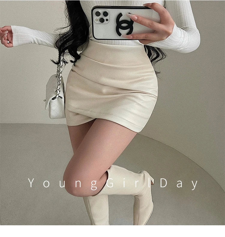 WOMENGAGA Spicy Girl Sexy High Waist Slim A-LINE Wrinkle Wrapped Hip PU Leather Skirt Short Skirt Sweet Korean Women 8EGA