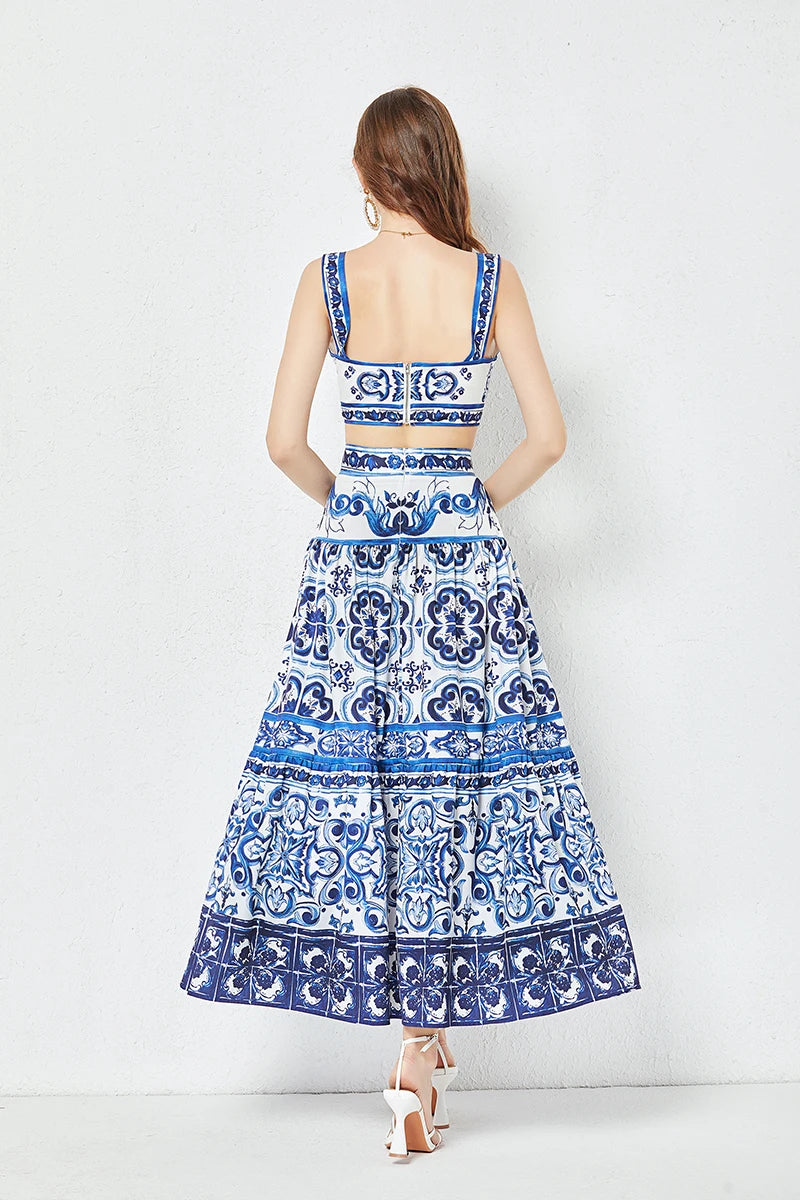 Summer Runway Blue And White Porcelain Two Piece Set Women Flower Print Short Crop Top + Holiday Beach Maxi Skirt Suits