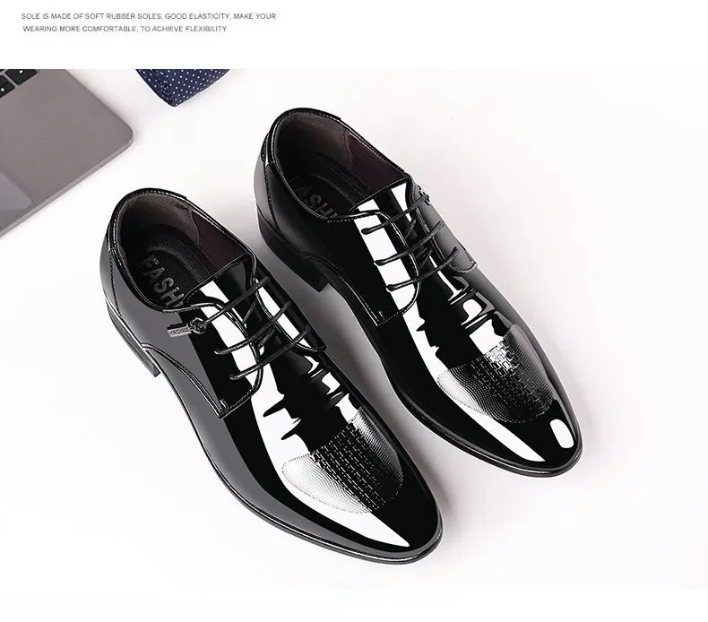 Trending Classic Men Dress Shoes for High Quality Men Oxfords Patent Leather Shoes Lace Up Formal Leather Wedding Party Shoes