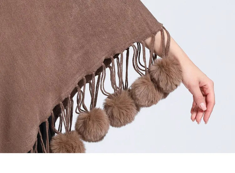 Poncho Scarf Fur Ball Decoration Shawl Faux Fur Collar Women's  Cape Fringed Asymmetric Cover Up Diamond Shawl