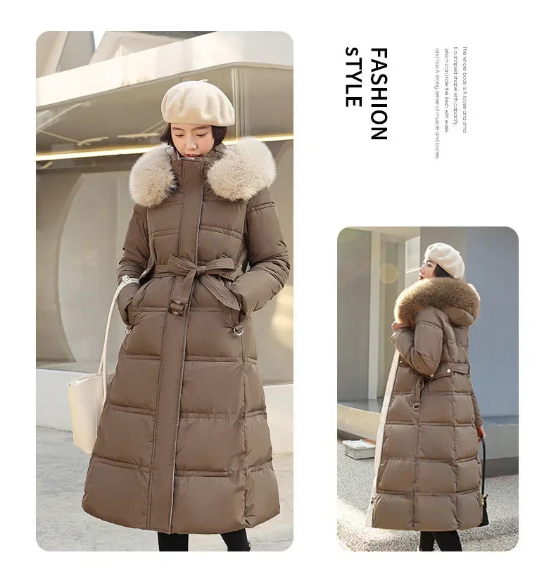 2024 Winter New Down Cotton Parkas Jacket Women's X-Long Faux Fur Collar Padded Jacket Thick Loose Large Size Padded Jacket