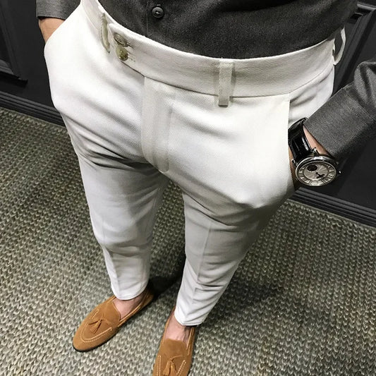 Spring Autumn Men's Slim Fit Korean Style Suit Pants Casual Nine Point Length Trendy White Pants For Office Wear