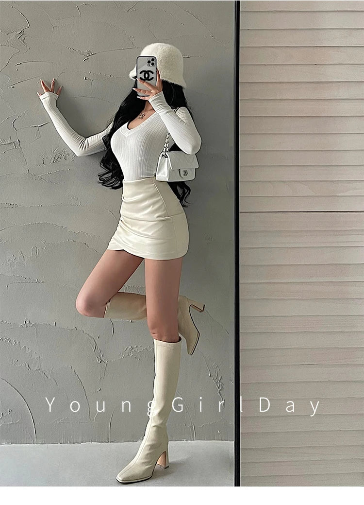 WOMENGAGA Spicy Girl Sexy High Waist Slim A-LINE Wrinkle Wrapped Hip PU Leather Skirt Short Skirt Sweet Korean Women 8EGA