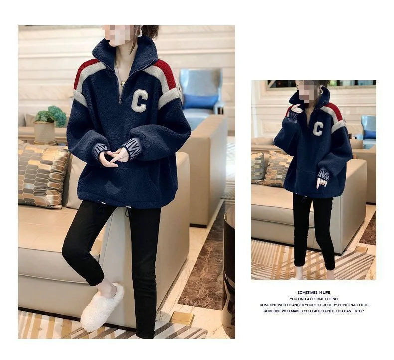 Imitation Lamb Plush Women's Sportswear Sweatshirts Autumn Winter Warm Top Sweater Pullover Retro Fashion Loose Sweater Coat