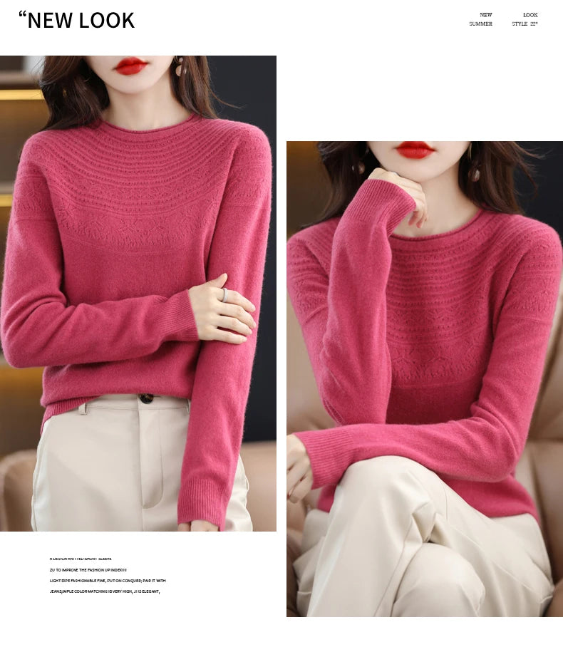 100% Merino Wool Knitted Sweater Autumn/Winter 2024 New Women's Round Neck Hollow Top 11 Color Pullover Versatile Coat NJR1107