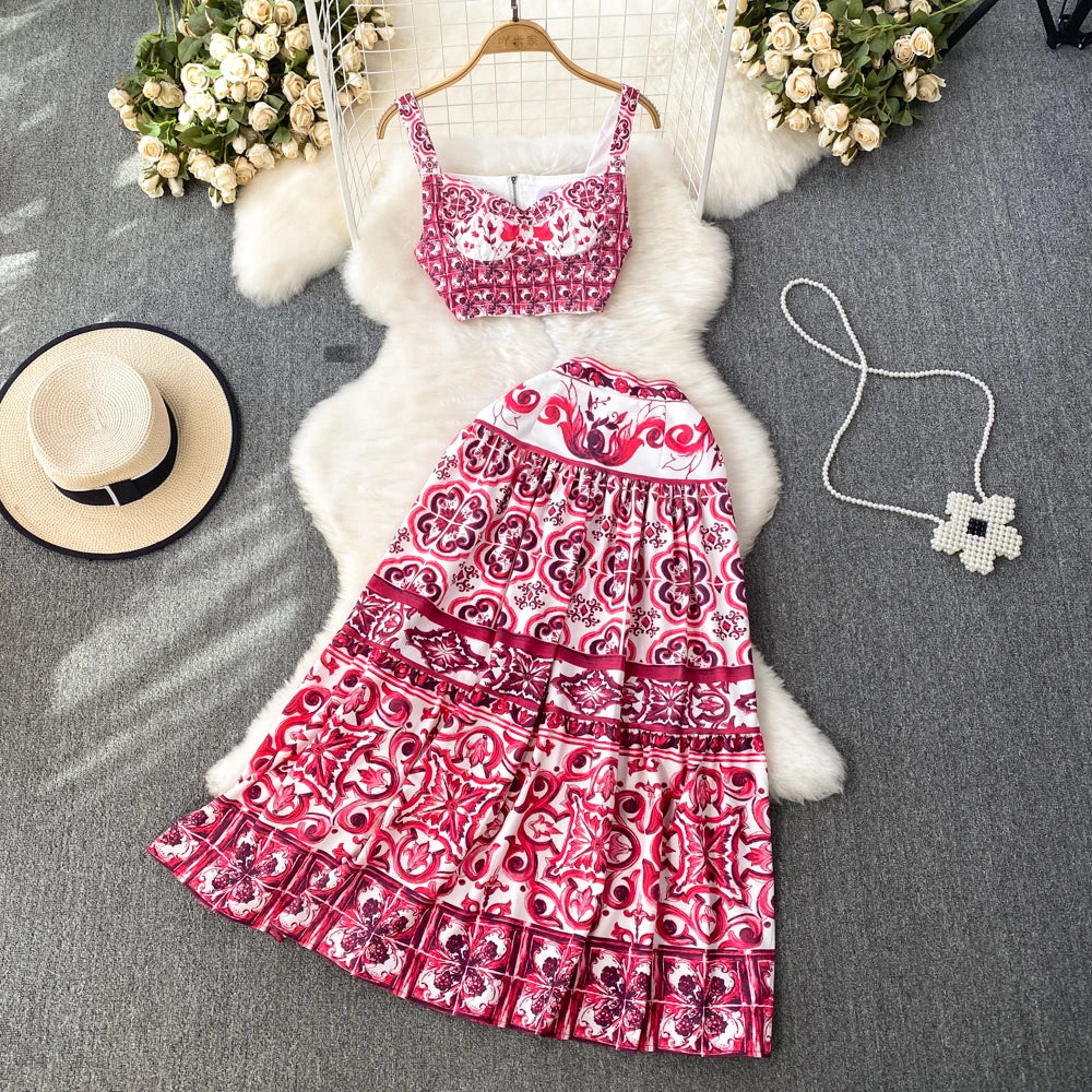 Summer Runway Blue And White Porcelain Two Piece Set Women Flower Print Short Crop Top + Holiday Beach Maxi Skirt Suits