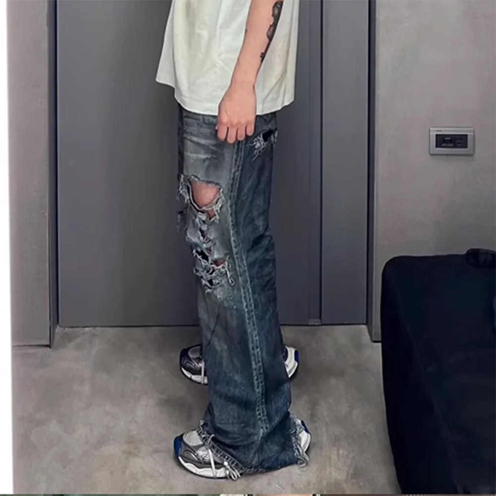 Frayed Damaged Hole Baggy Wide Leg Jeans for Men and Women Streetwear Casual Ropa Hombre Denim Trousers Oversized Cargo Pants