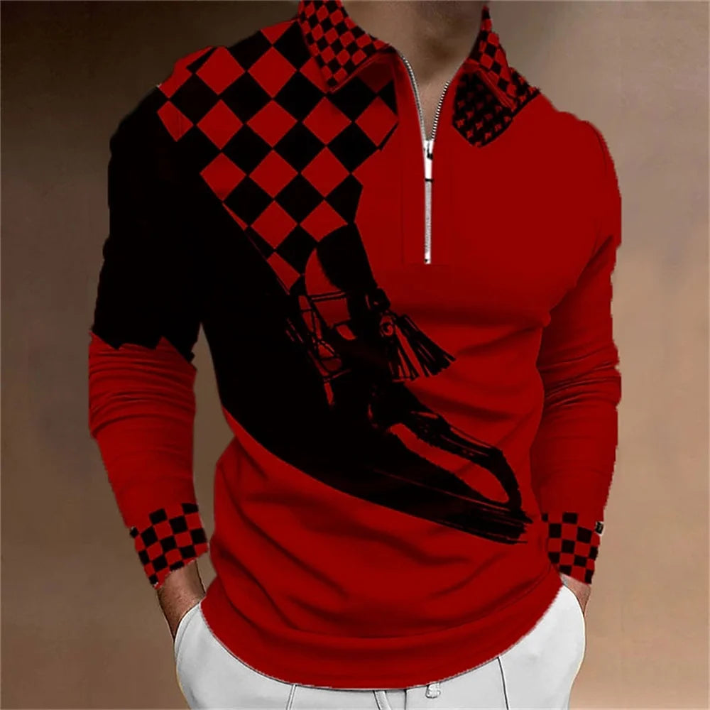 2024 New Fashion Men Long Sleeve Zipper Polo Shhirt , Abstract Appare  Men Casual Large Size Lapel Print Polo Shirt .