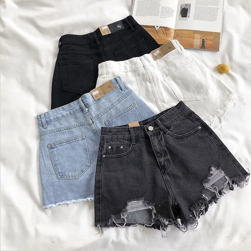 Korean Denim Shorts Women Summer Fashion Casual High Waist Ripped Jeans Pocket Tassel Y2K Hot Pants Streetwear Blue Trousers