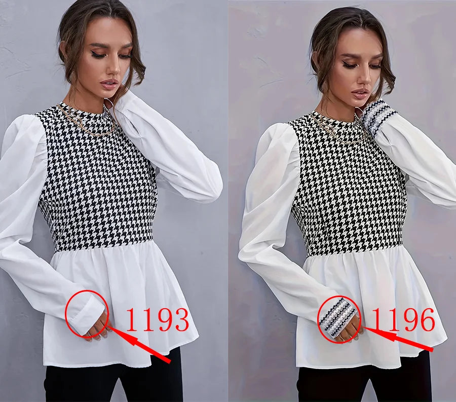 Women Elegant Houndstooth Shirt Fashion Ruffle Stitching Fluffy Long Sleeve Top Casual Chic Ladies Blouse Office White Shirts