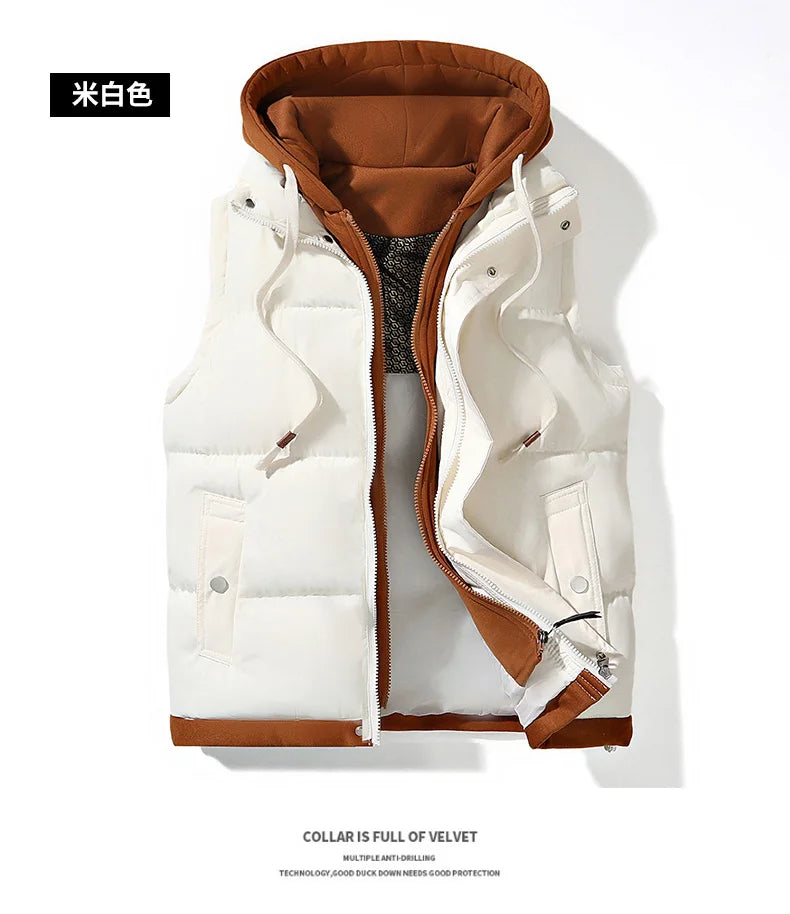 Autumn and winter down cotton vest for men and women, versatile, loose, trendy brand, fake two-piece vest, cotton jacket