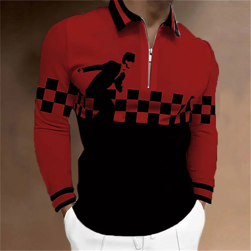 2024 New Fashion Men Long Sleeve Zipper Polo Shhirt , Abstract Appare  Men Casual Large Size Lapel Print Polo Shirt .