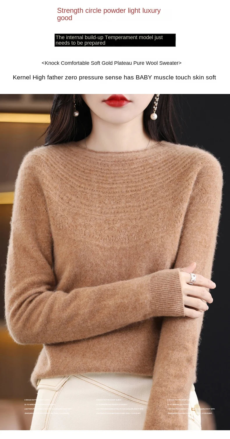 100% Merino Wool Knitted Sweater Autumn/Winter 2024 New Women's Round Neck Hollow Top 11 Color Pullover Versatile Coat NJR1107