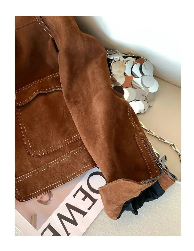 Autumn New Women's Collar Brown Pocket Jacket Coat