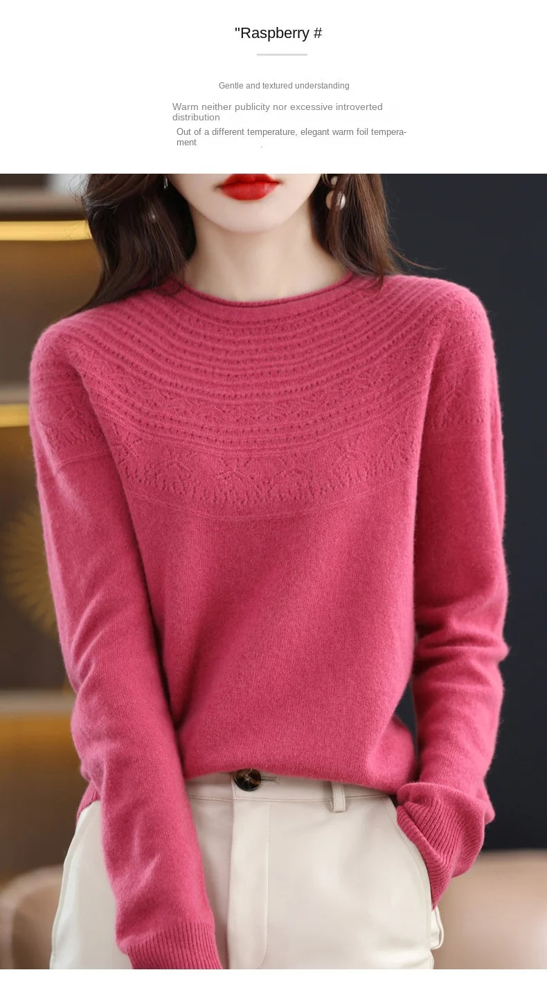 100% Merino Wool Knitted Sweater Autumn/Winter 2024 New Women's Round Neck Hollow Top 11 Color Pullover Versatile Coat NJR1107