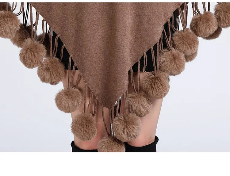 Poncho Scarf Fur Ball Decoration Shawl Faux Fur Collar Women's  Cape Fringed Asymmetric Cover Up Diamond Shawl