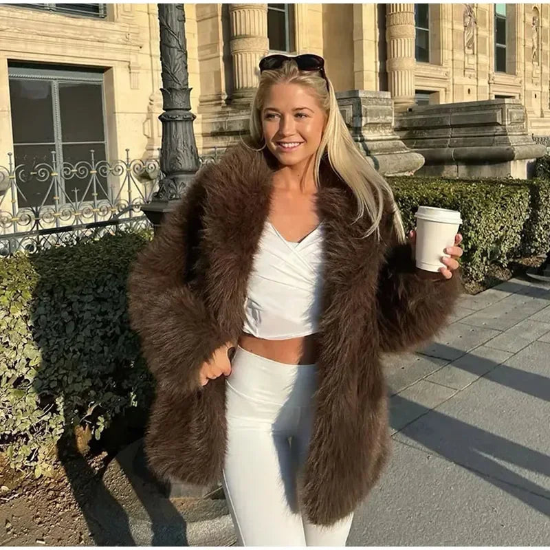 Luxury Brown Women Faux Fur Jacket Oversized Lapel Long Sleeve Warm Fluffy Coats 2024 Winter Female Loose Streetwear Outwears