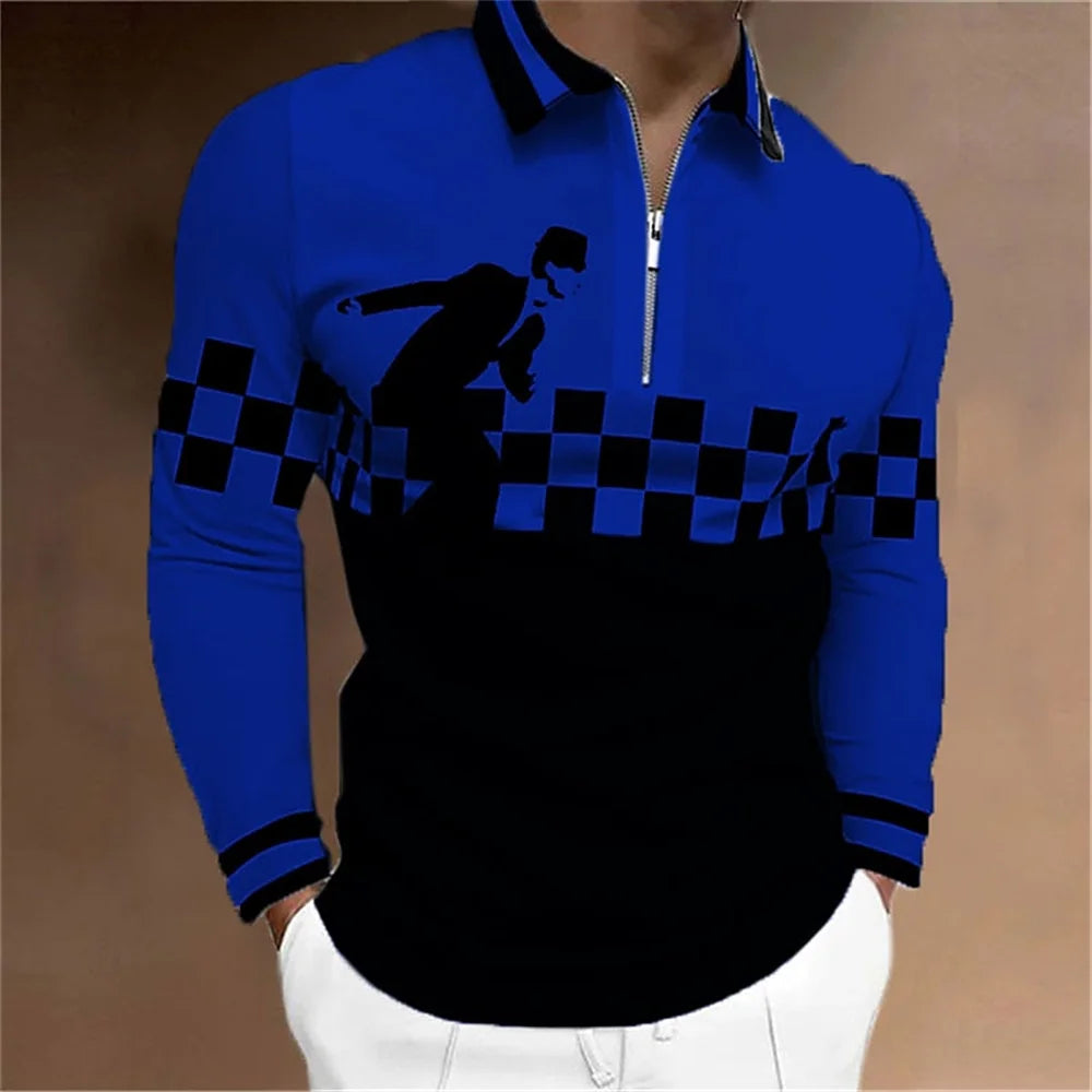 2024 New Fashion Men Long Sleeve Zipper Polo Shhirt , Abstract Appare  Men Casual Large Size Lapel Print Polo Shirt .