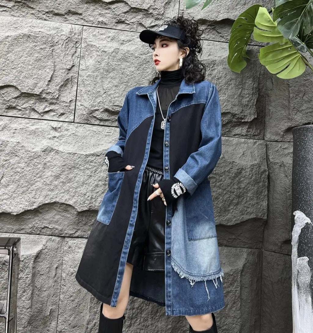 Oversized Denim Autumn Midi Trench Coat Women Fringe Fashion Patchwork Pleated Ladies Windbreaks Casual Loose Woman Trench 2023