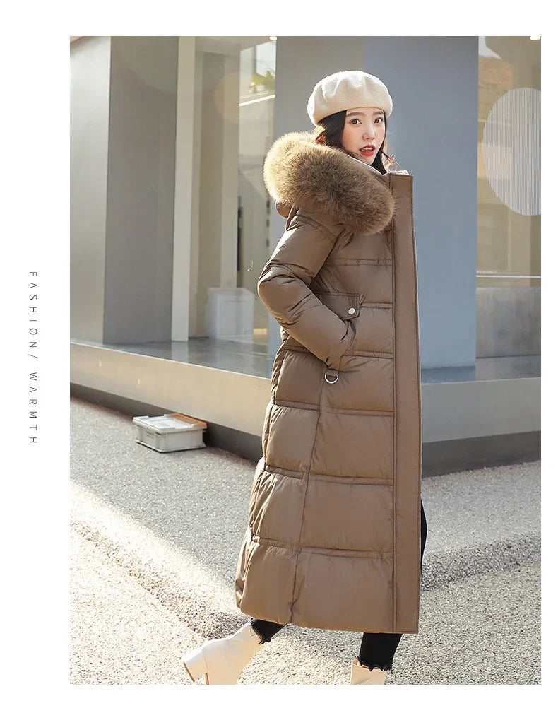 2024 Winter New Down Cotton Parkas Jacket Women's X-Long Faux Fur Collar Padded Jacket Thick Loose Large Size Padded Jacket