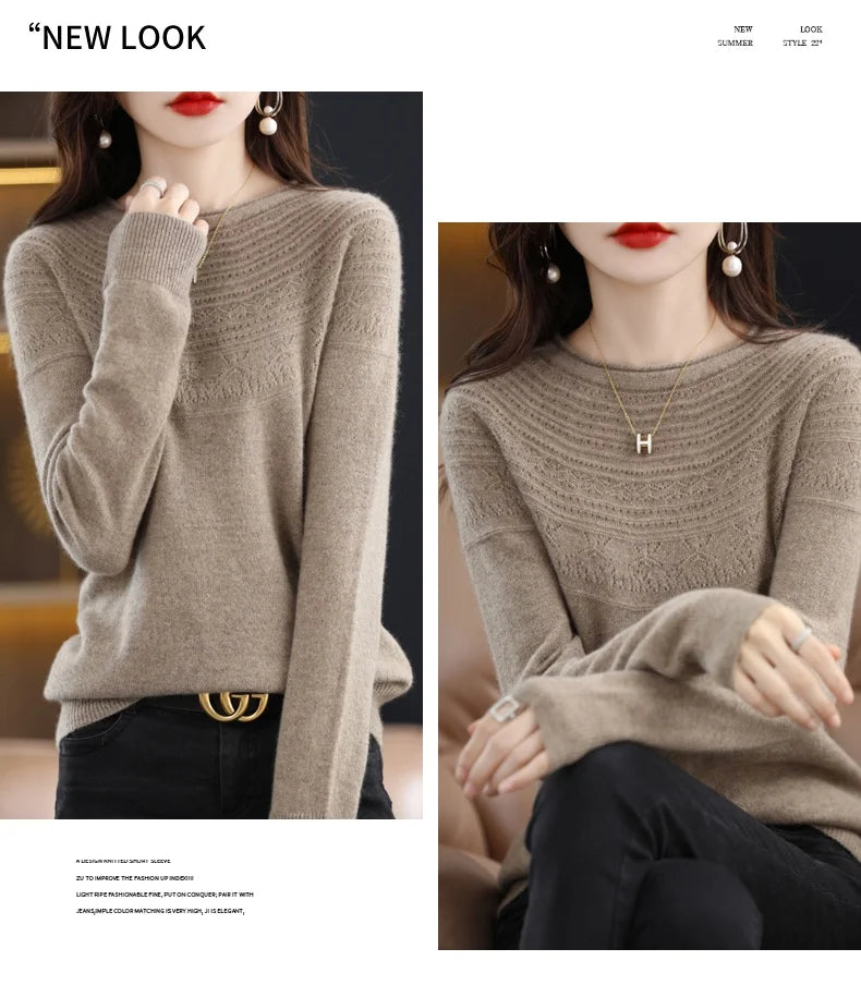 100% Merino Wool Knitted Sweater Autumn/Winter 2024 New Women's Round Neck Hollow Top 11 Color Pullover Versatile Coat NJR1107