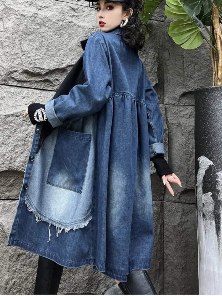 Oversized Denim Autumn Midi Trench Coat Women Fringe Fashion Patchwork Pleated Ladies Windbreaks Casual Loose Woman Trench 2023