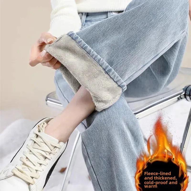 Thickened Fleece-Lined High-Waisted Wide-Leg Jeans Women's Winter 2024 New Style Student Versatile Straight-Leg Warm Pants