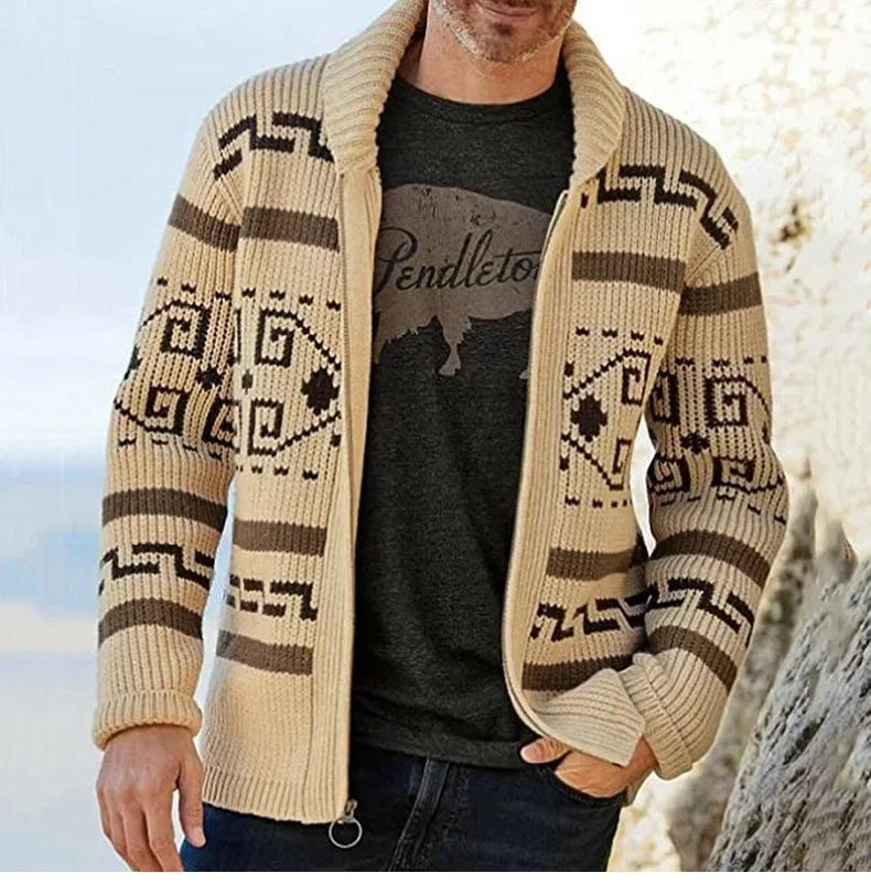 Winter Sweaters Cardigan Men Vintage Jacquard Kintted Jacket Knitwear Fashion Shawl Collar Zipper Casual Thick Cardigans Jersey