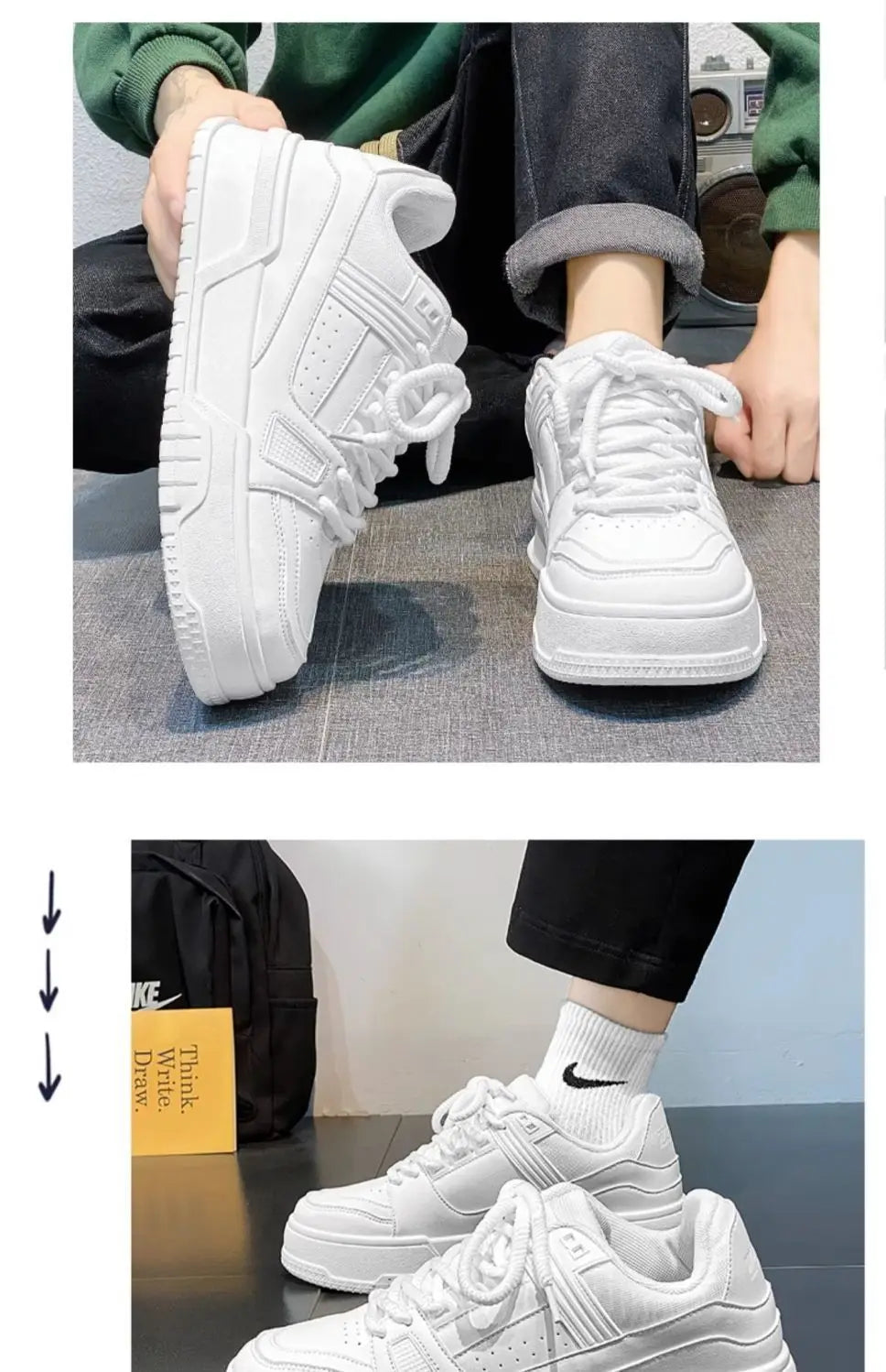 Men's Sneakers Fashion Platform Casual Shoe Skateboard Shoes for Men Lace Up Sports Shoes White Black