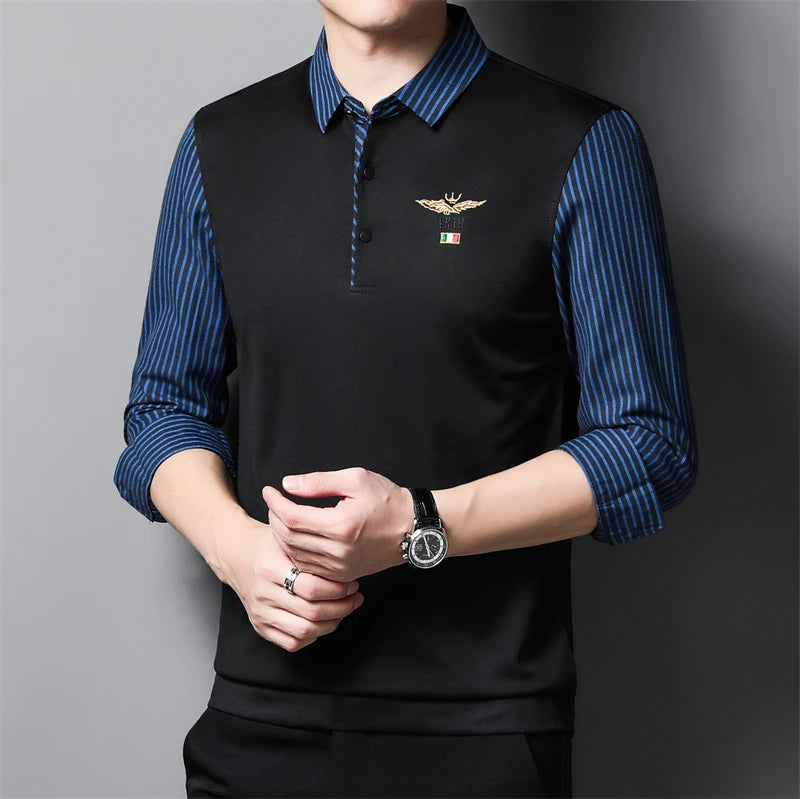 New Men's Casual and Fashionable Long Sleeved POLO Shirt with Contrasting Print Anti Wrinkle Top