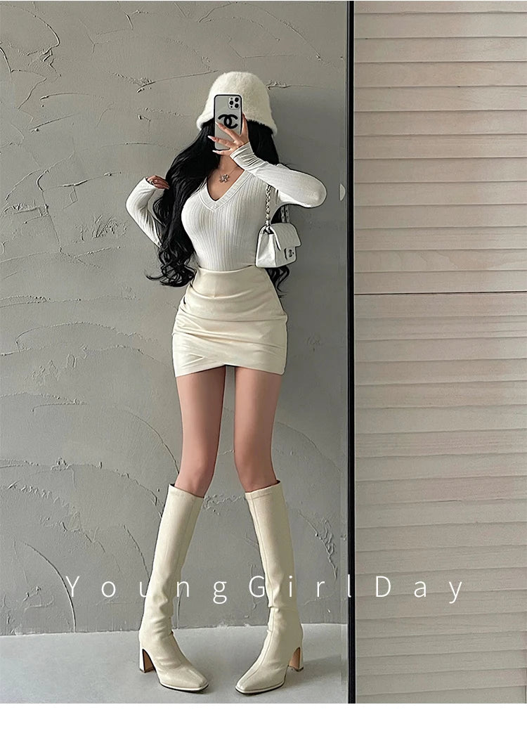 WOMENGAGA Spicy Girl Sexy High Waist Slim A-LINE Wrinkle Wrapped Hip PU Leather Skirt Short Skirt Sweet Korean Women 8EGA