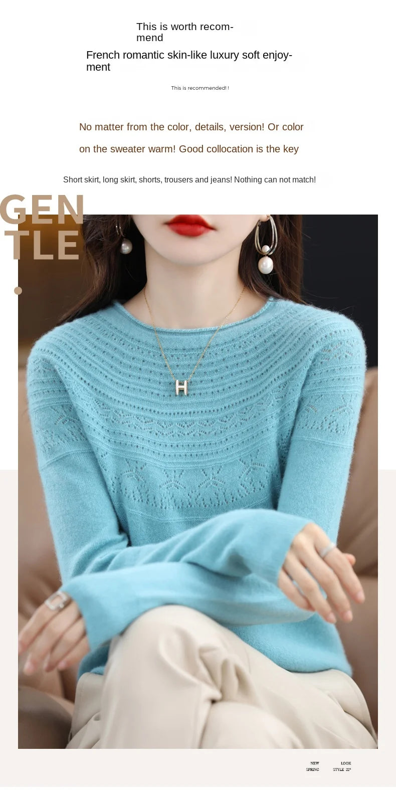 100% Merino Wool Knitted Sweater Autumn/Winter 2024 New Women's Round Neck Hollow Top 11 Color Pullover Versatile Coat NJR1107