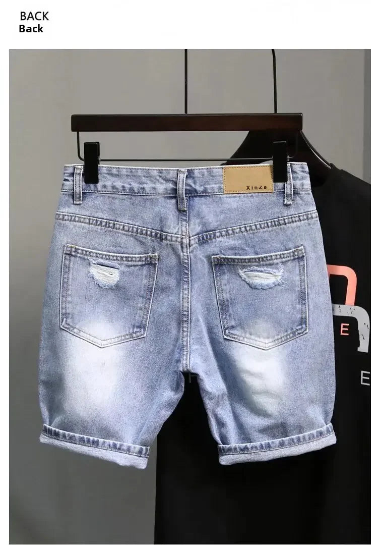 Trendy Denim Shorts For Men Summer Style Korean Version Thin Fit Hip Hop Brand Ins Small Group Medium Length Trousers