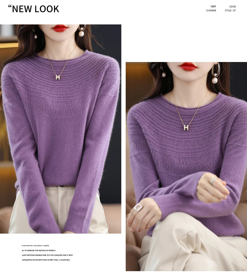 100% Merino Wool Knitted Sweater Autumn/Winter 2024 New Women's Round Neck Hollow Top 11 Color Pullover Versatile Coat NJR1107