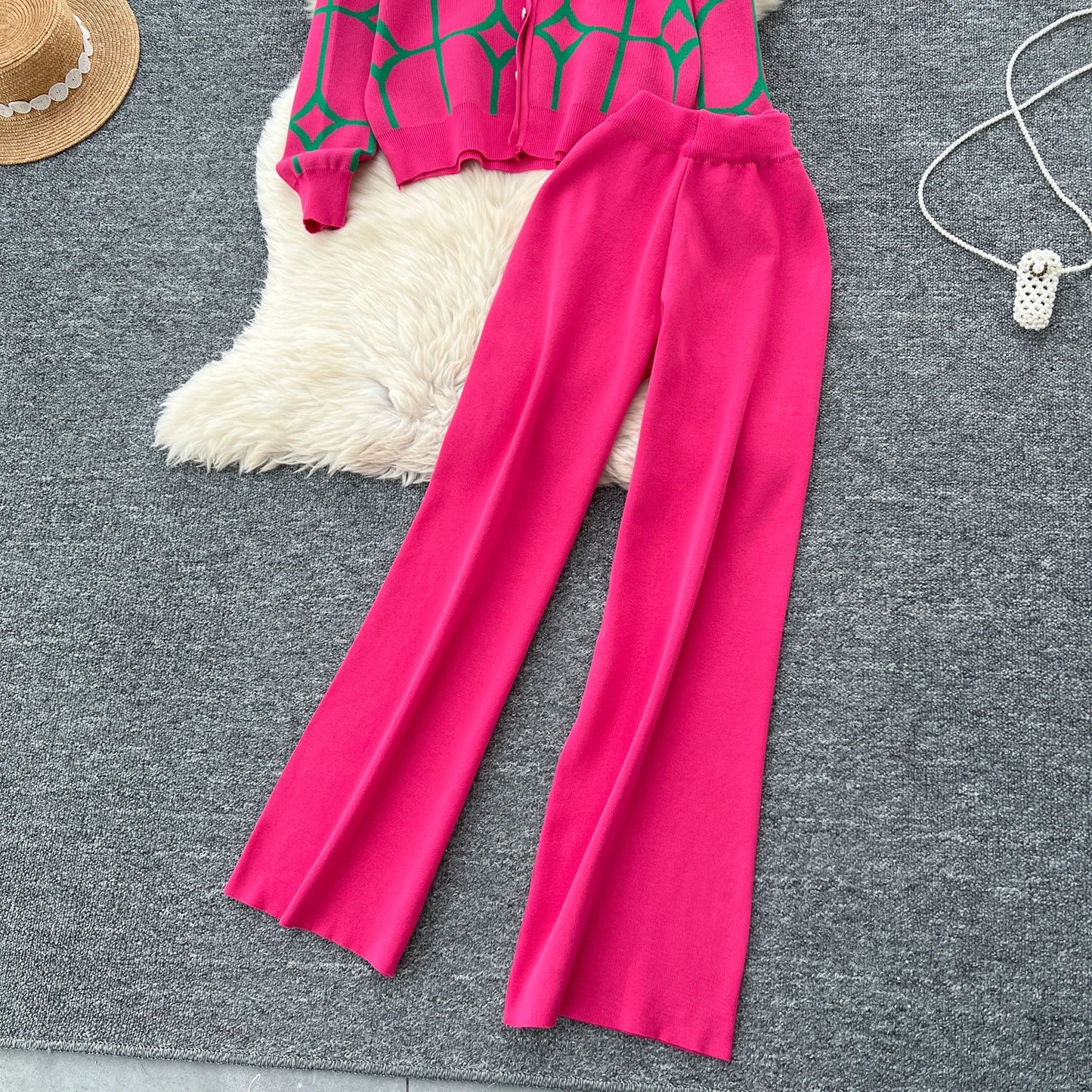 Knitted Two Piece Sets Women Autumn Winter Vintage Long Sleeved Printed Knitted Cardigan Sweater Wide Leg Pants Tracksuits