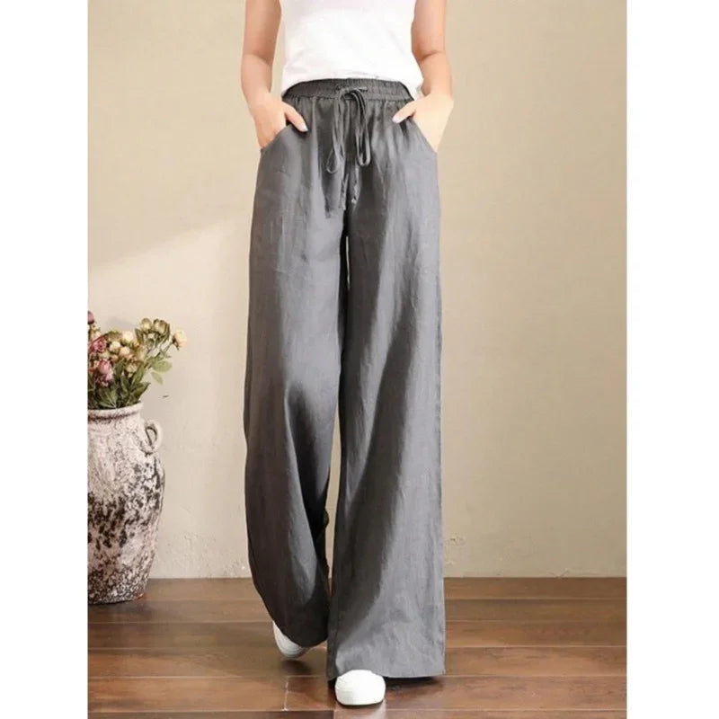 Wide Leg Pure Color Linen Pants For Women High Waist Drawstring Loose Fit Cotton Linen Trousers Plus Size White Long Pants