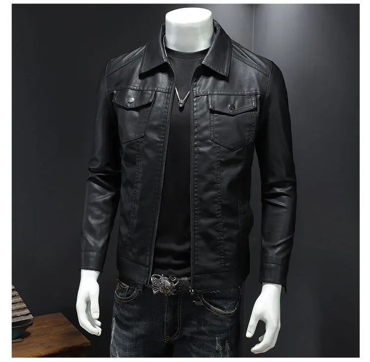 Men's lapel leather jacket autumn oversized slim motorcycle riding suit winter thickened PU leather waterproof work clothes