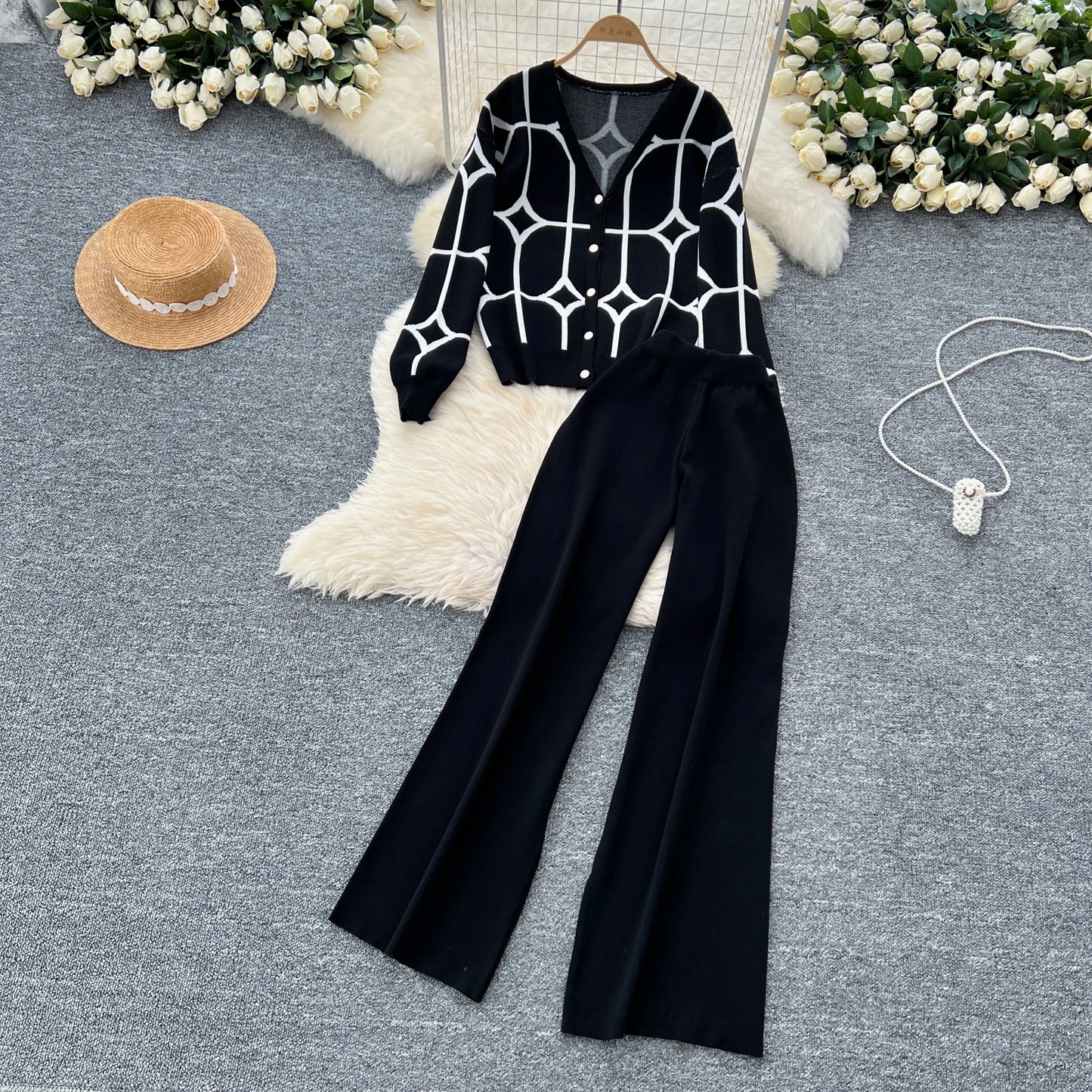 Knitted Two Piece Sets Women Autumn Winter Vintage Long Sleeved Printed Knitted Cardigan Sweater Wide Leg Pants Tracksuits