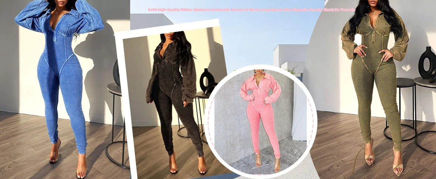 FAGADOER Fashion Solid High Quality Ribber Bodycon Jumpsuits Women V Neck Long Sleeve Slim Playsuits Female Elasticity Overalls