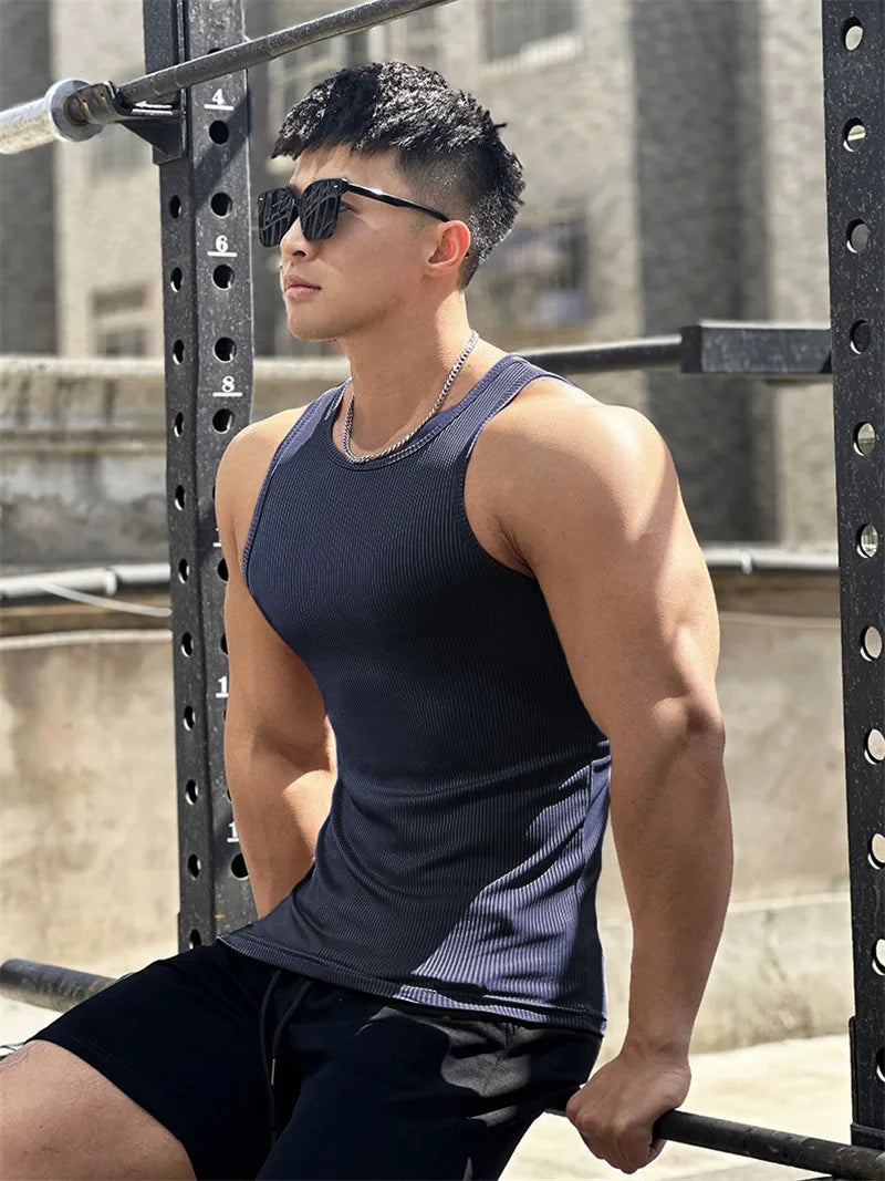 Men's vest Elasticity stripe Round Neck Oversized Sleeveless T-Shirt Gym Sports Fitness Running Training Bodybuilding Tank Top