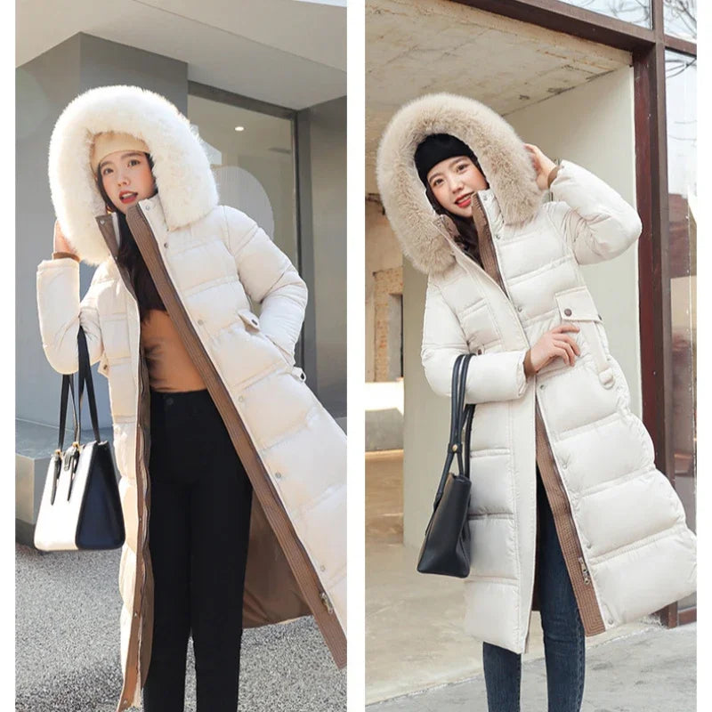 2024 Winter New Down Cotton Parkas Jacket Women's X-Long Faux Fur Collar Padded Jacket Thick Loose Large Size Padded Jacket